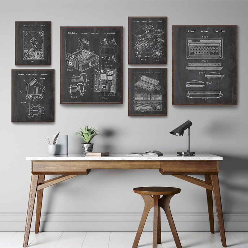 Tech Office Wall Decor - 6-teiliges Vintage-Computer-Patent-Wandkunst-Set, Technische Bauplan-Drucke für Büro-